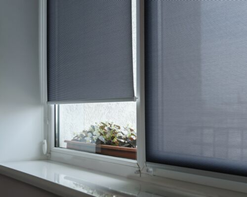 Gray roller shutters on the window. Behind the window are flowers in the flowerpot.